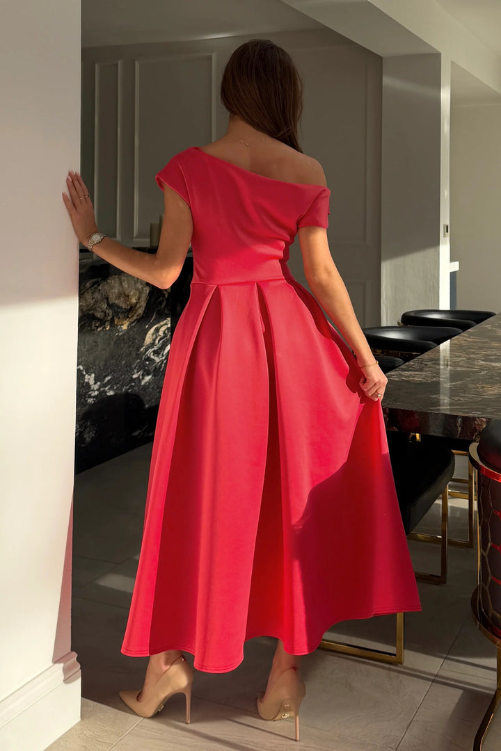 Betty Coral Asymmetric Neckline Skater Maxi Dress With Pockets