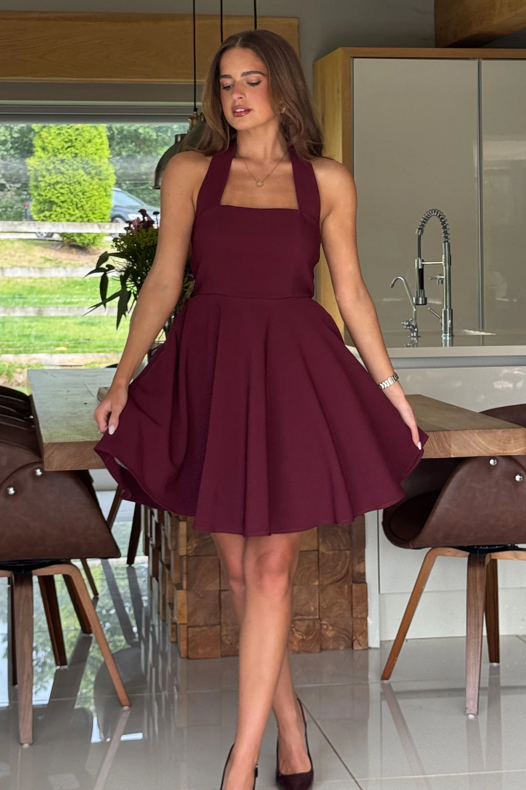 Pandora Burgundy Halter Neck Mini Skater Dress | LittleMadam Pandora Burgundy Halter Neck Mini Skater Dress | LittleMadam