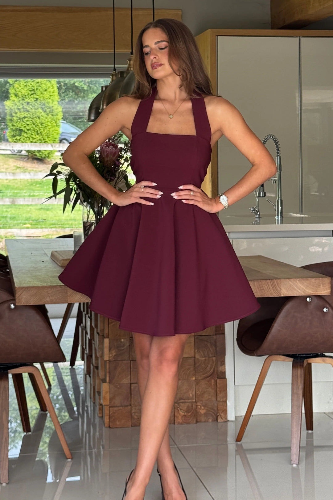 Pandora Burgundy Halter Neck Mini Skater Dress | LittleMadam Pandora Burgundy Halter Neck Mini Skater Dress | LittleMadam