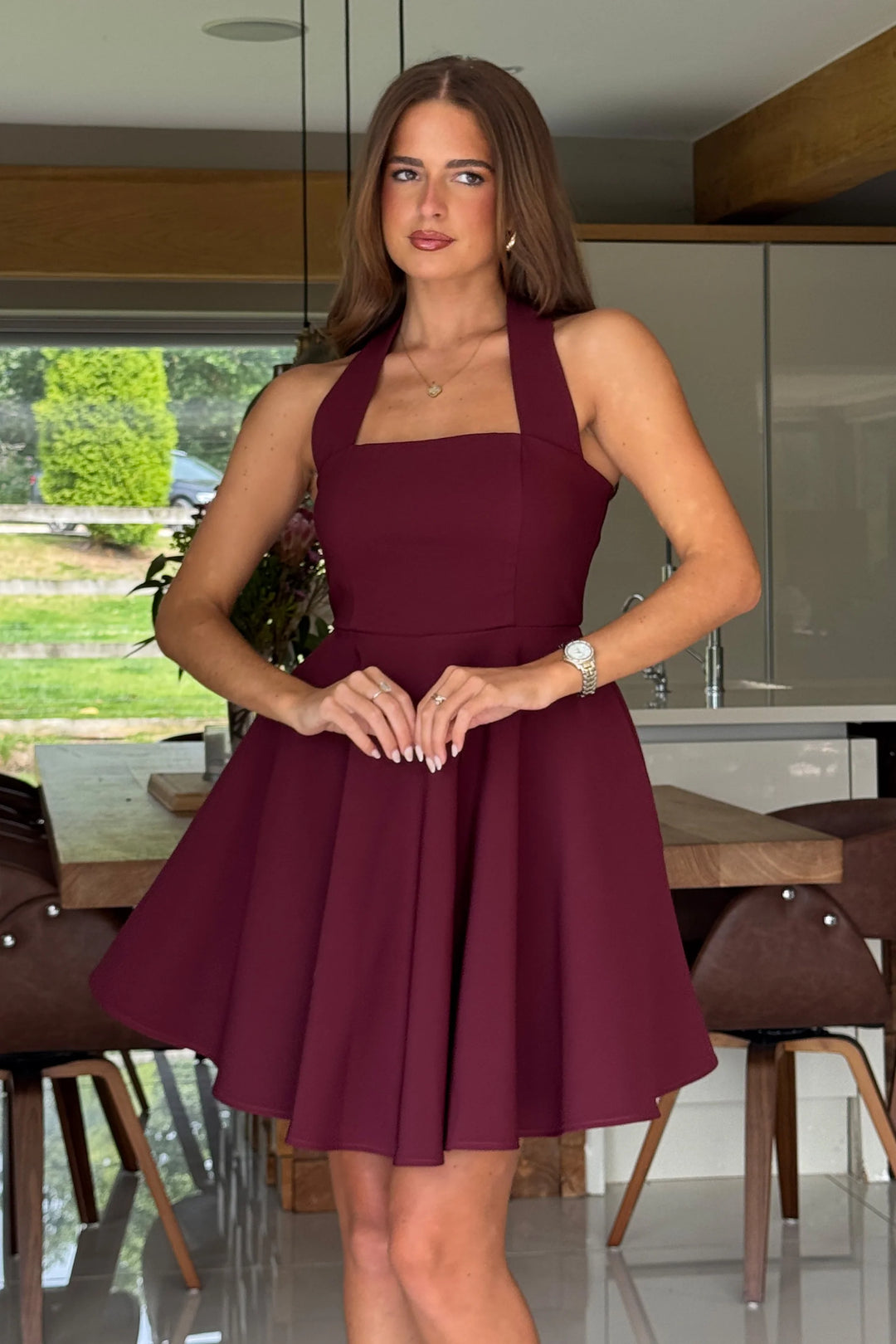 Pandora Burgundy Halter Neck Mini Skater Dress