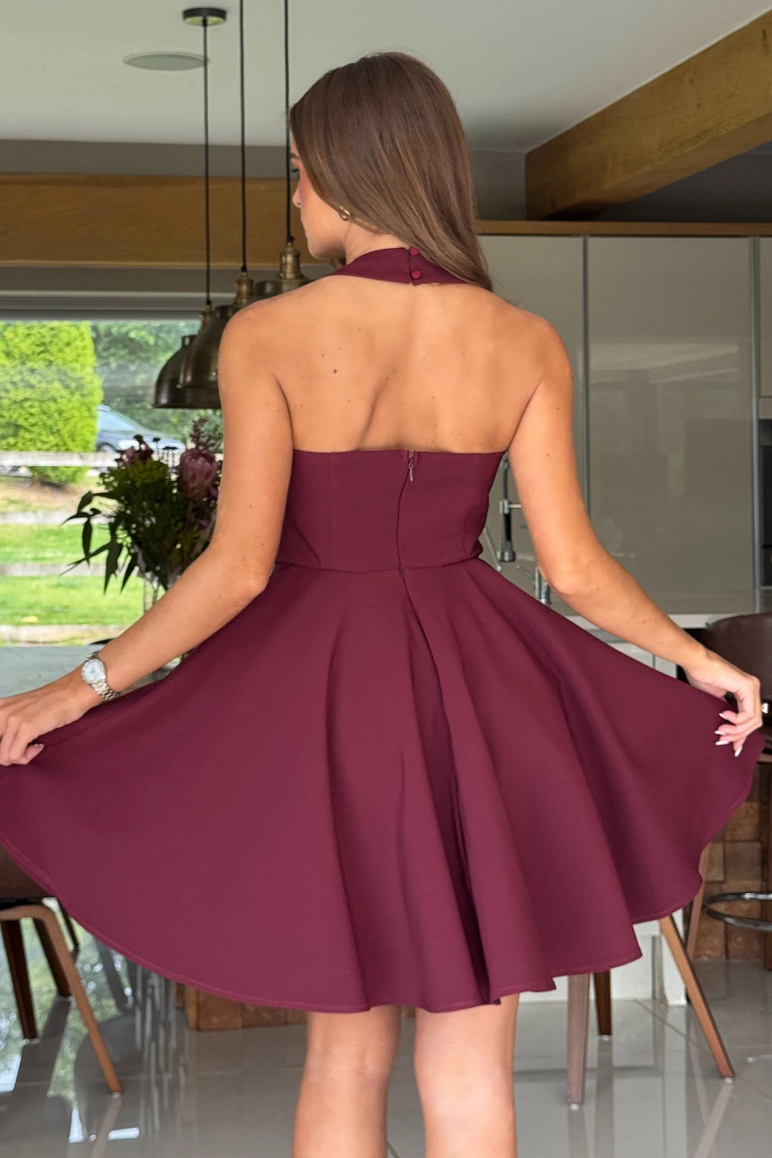 Pandora Burgundy Halter Neck Mini Skater Dress | LittleMadam Pandora Burgundy Halter Neck Mini Skater Dress | LittleMadam