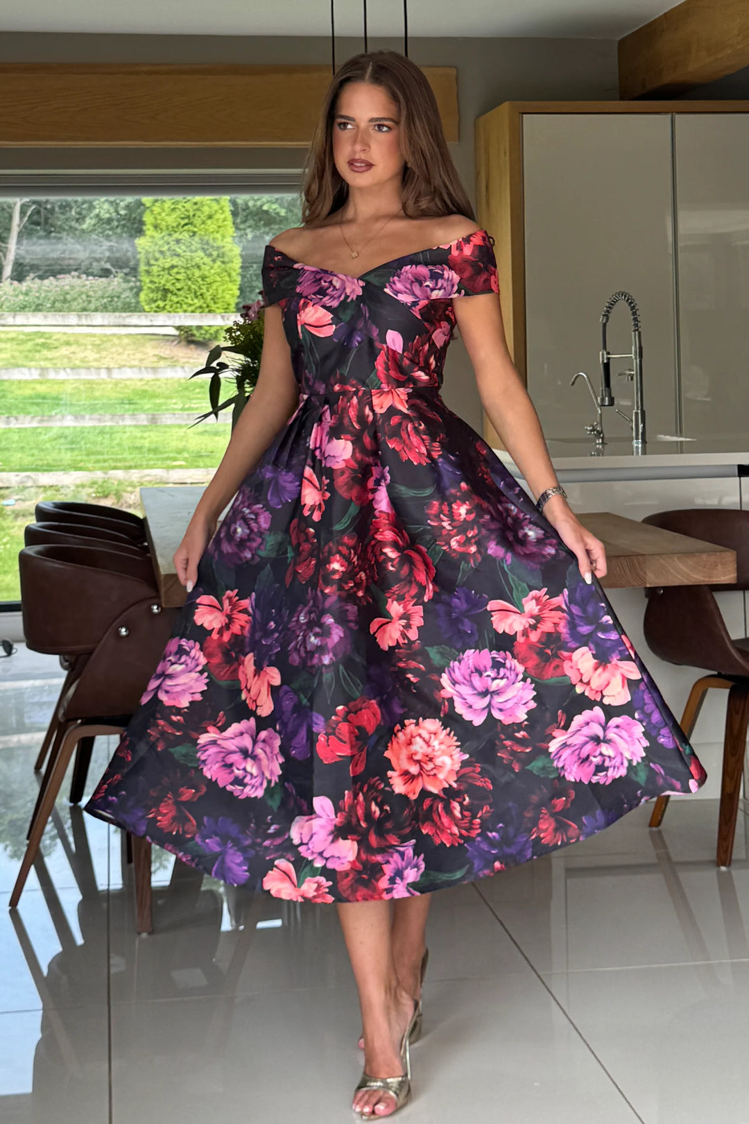 Daphne Black Floral Off The Shoulder Skater Midi Dress