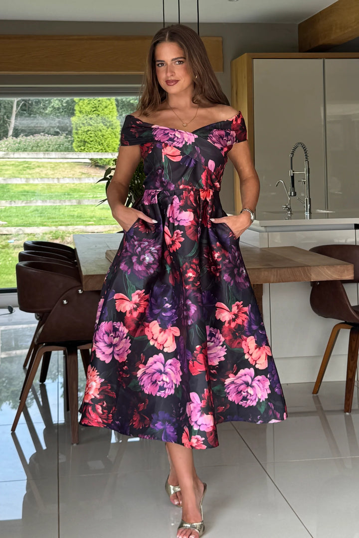 Daphne Black Floral Off The Shoulder Skater Midi Dress