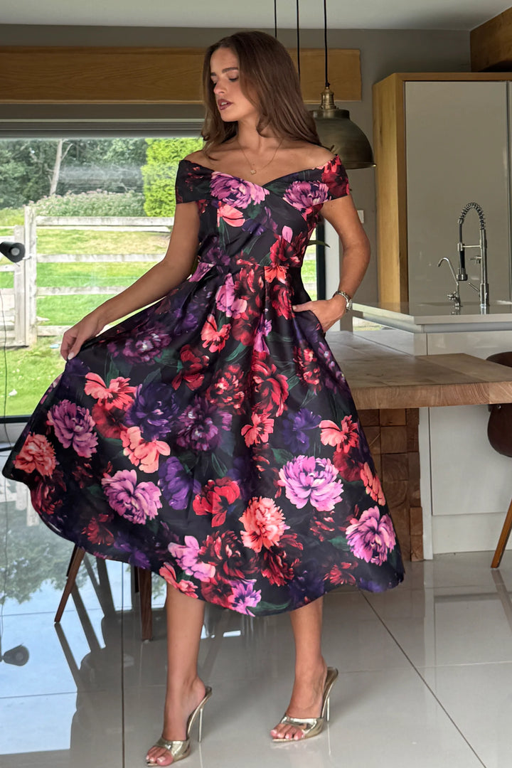Daphne Black Floral Off The Shoulder Skater Midi Dress