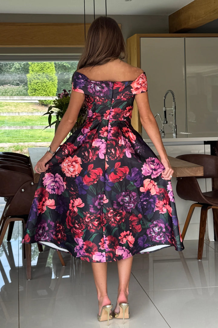 Daphne Black Floral Off The Shoulder Skater Midi Dress