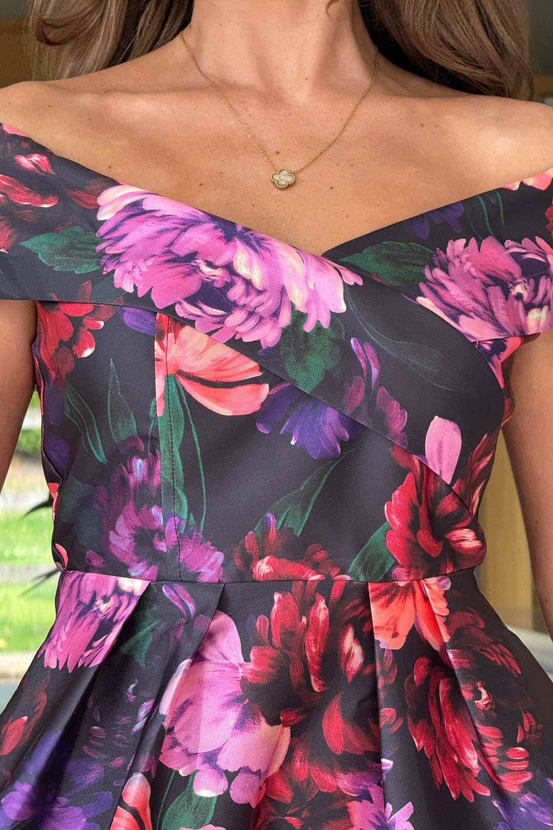 Daphne Black Floral Off The Shoulder Skater Midi Dress