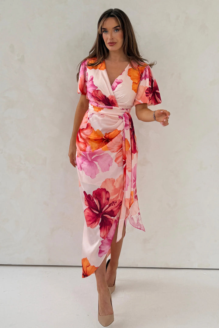 Drew Pink Floral Wrap Short Puff Sleeve Midi Dress