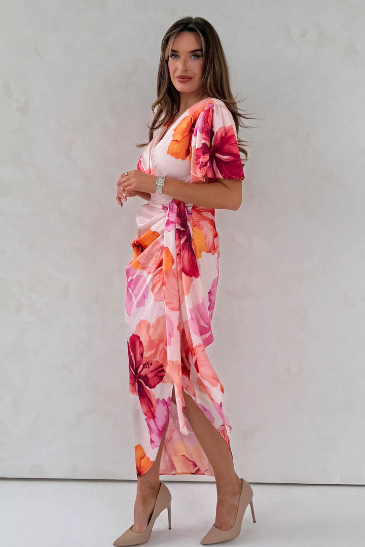 Drew Pink Floral Wrap Short Puff Sleeve Midi Dress