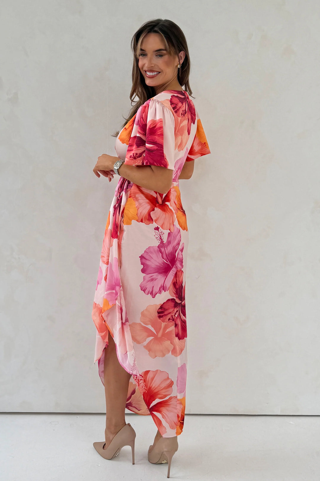 Drew Pink Floral Wrap Short Puff Sleeve Midi Dress