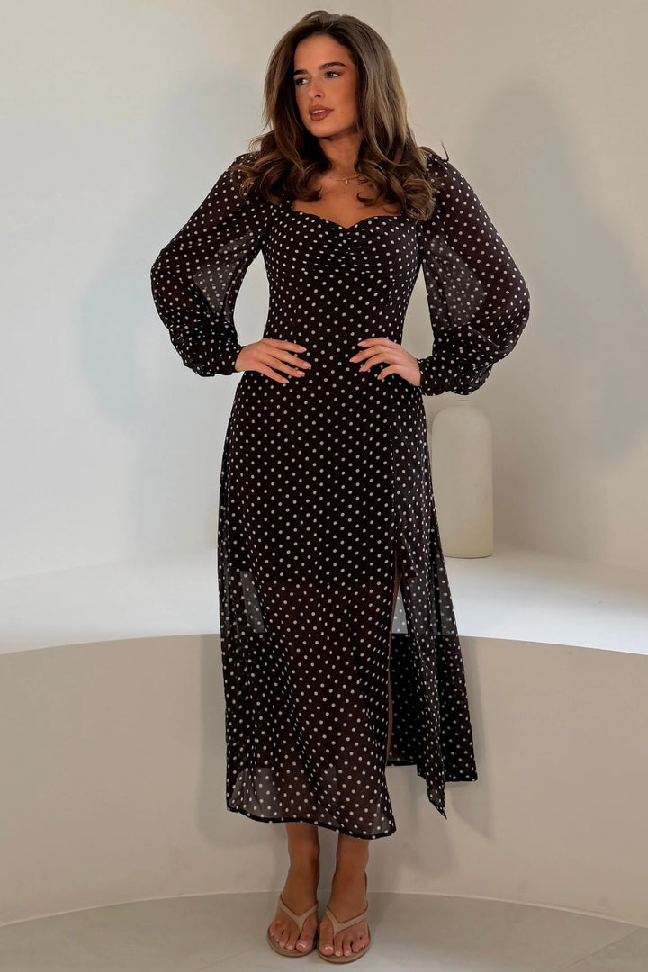 Olive Brown Polka Dot Sweetheart Long Sleeve Midi Dress