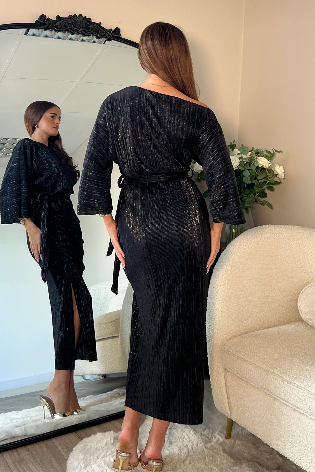 Vendy Metallic Black Off The Shoulder Ruched Detail Midi Dress