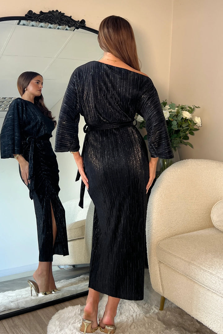 Vendy Metallic Black Off The Shoulder Ruched Detail Midi Dress