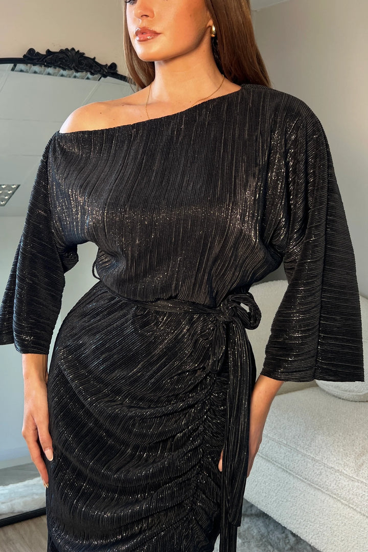 Vendy Metallic Black Off The Shoulder Ruched Detail Midi Dress