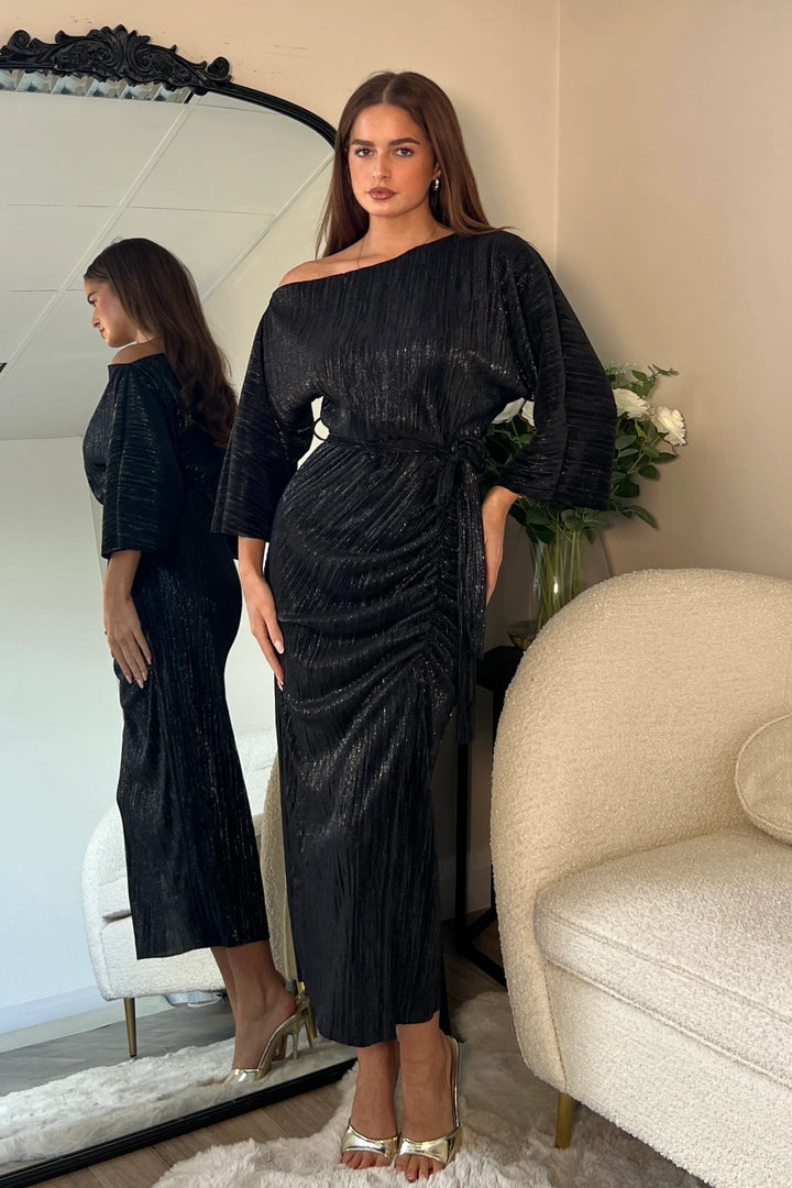 Vendy Metallic Black Off The Shoulder Ruched Detail Midi Dress