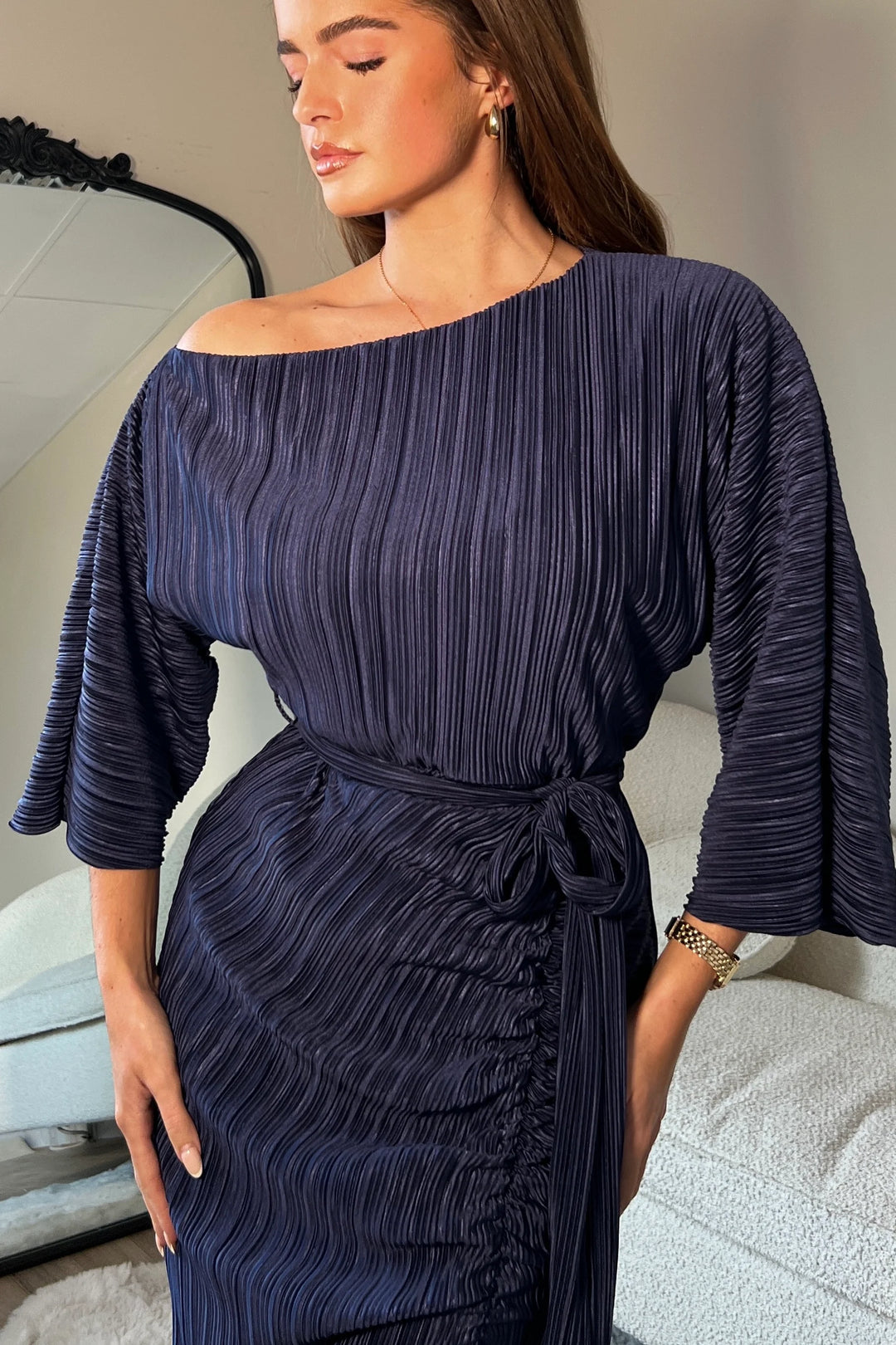 Vendy Navy Off The Shoulder Ruched Detail Midi Dress