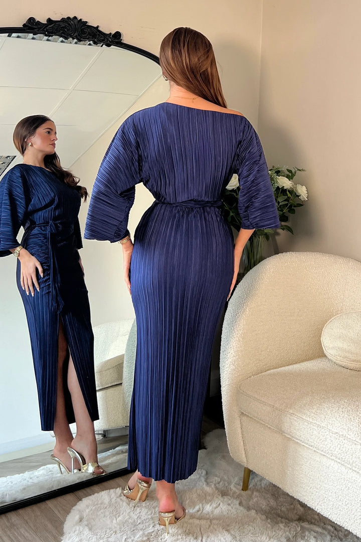 Vendy Navy Off The Shoulder Ruched Detail Midi Dress