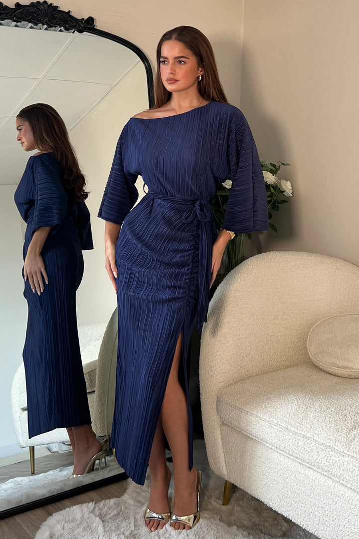 Vendy Navy Off The Shoulder Ruched Detail Midi Dress