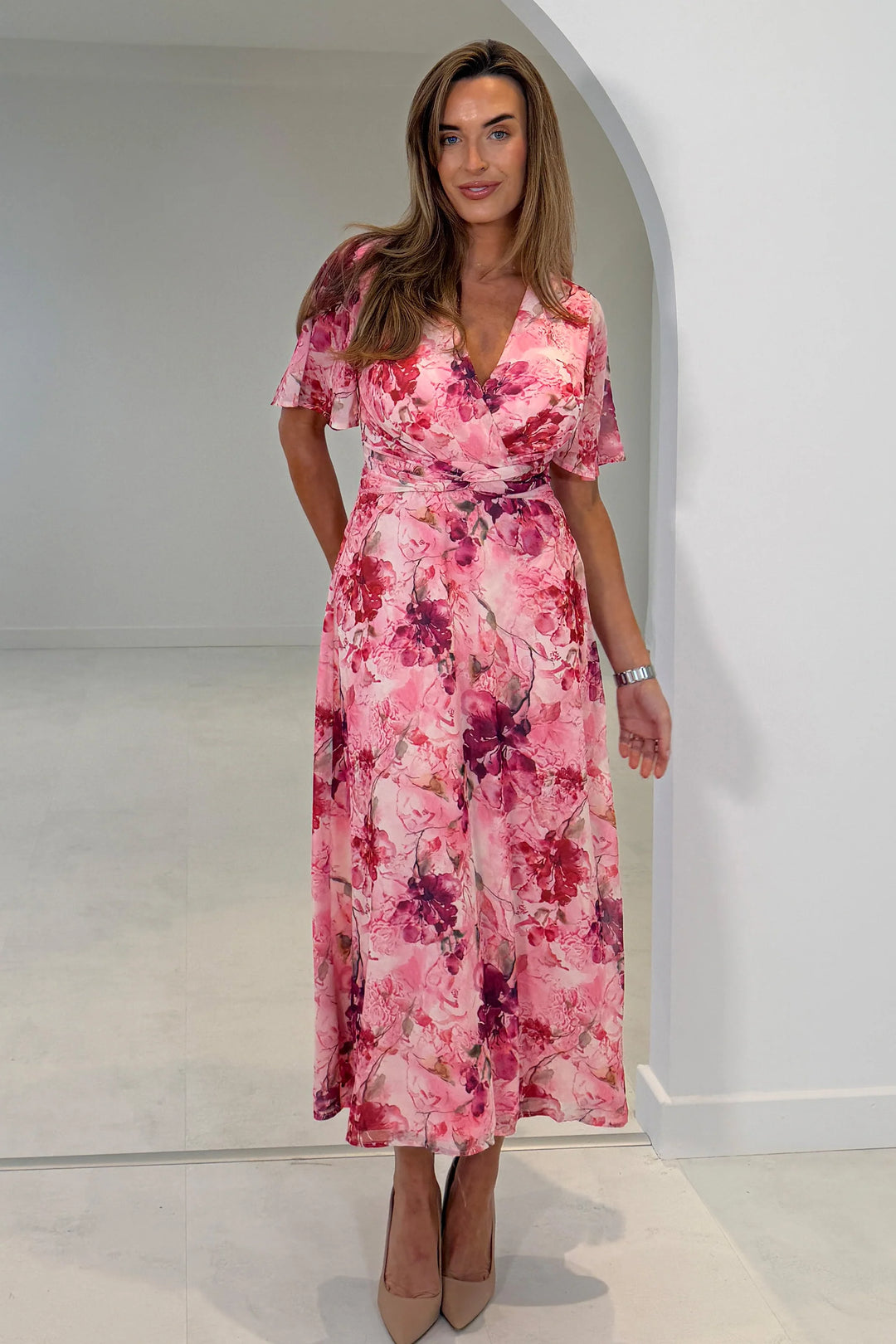 Daisy Pink Floral Wrap Neck Twist Detail Short Sleeve Midi Dress