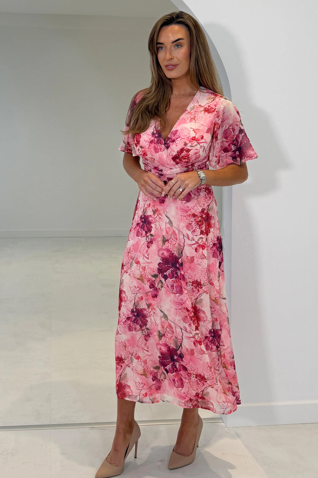 Daisy Pink Floral Wrap Neck Twist Detail Short Sleeve Midi Dress