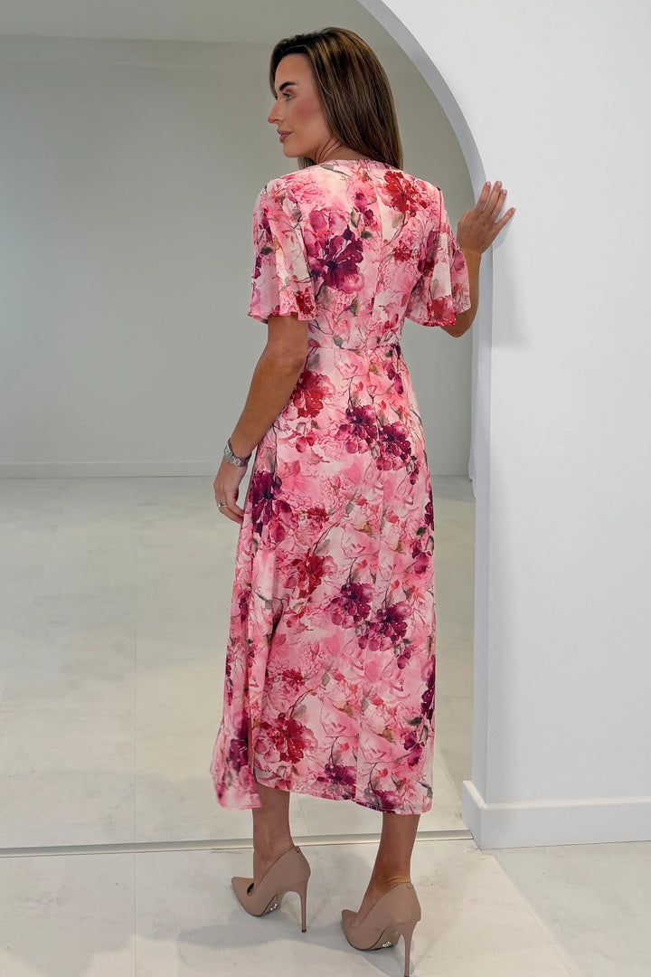 Daisy Pink Floral Wrap Neck Twist Detail Short Sleeve Midi Dress