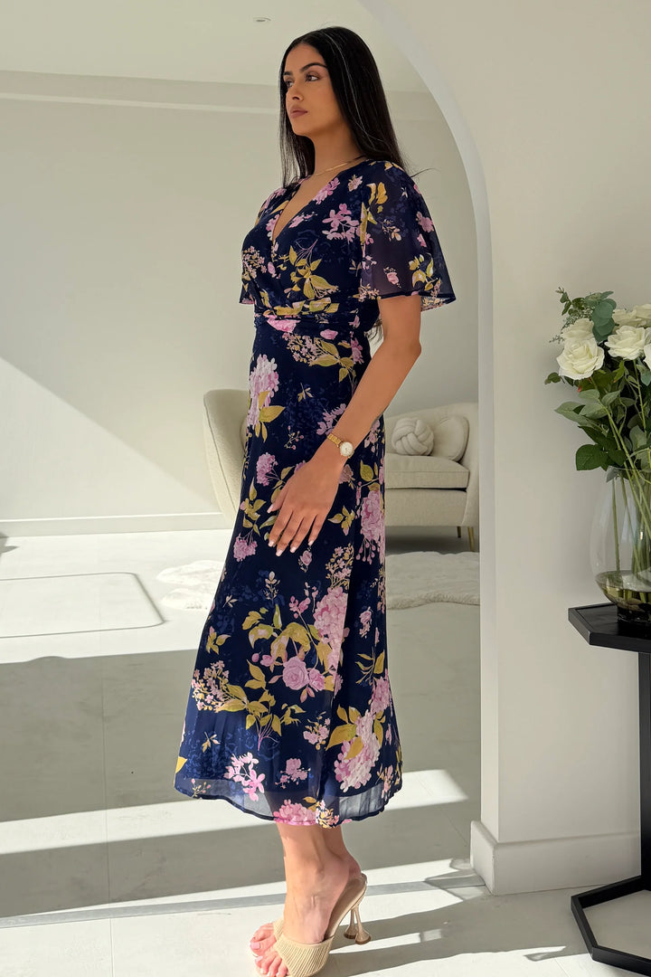 Daisy Navy Floral Wrap Neck Twist Detail Short Sleeve Midi Dress
