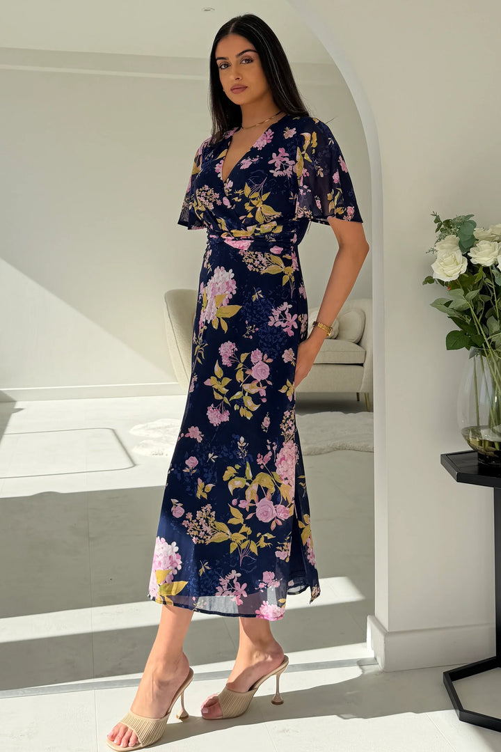 Daisy Navy Floral Wrap Neck Twist Detail Short Sleeve Midi Dress