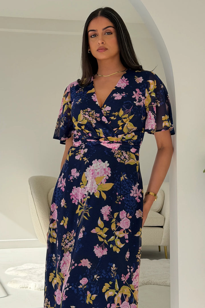 Daisy Navy Floral Wrap Neck Twist Detail Short Sleeve Midi Dress