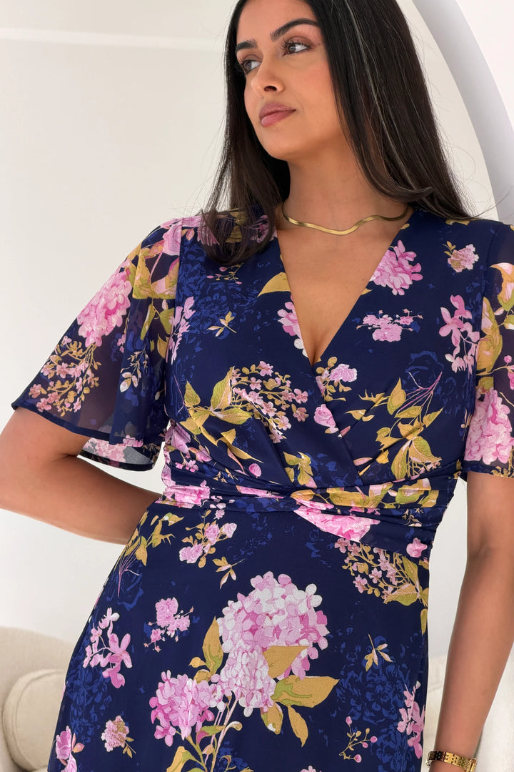 Daisy Navy Floral Wrap Neck Twist Detail Short Sleeve Midi Dress