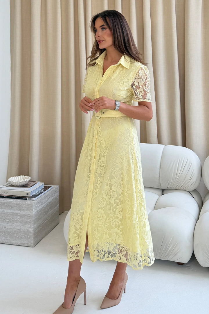Tansy Yellow Lace Short Sleeve Belted Midi Shirt Dress