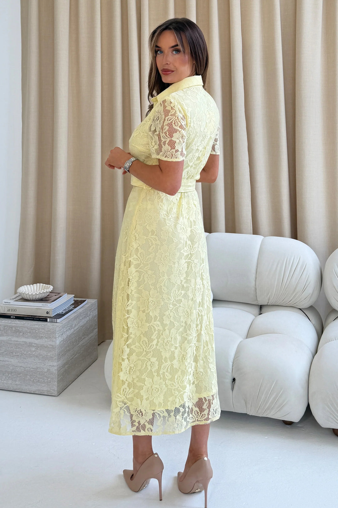 Tansy Yellow Lace Short Sleeve Belted Midi Shirt Dress