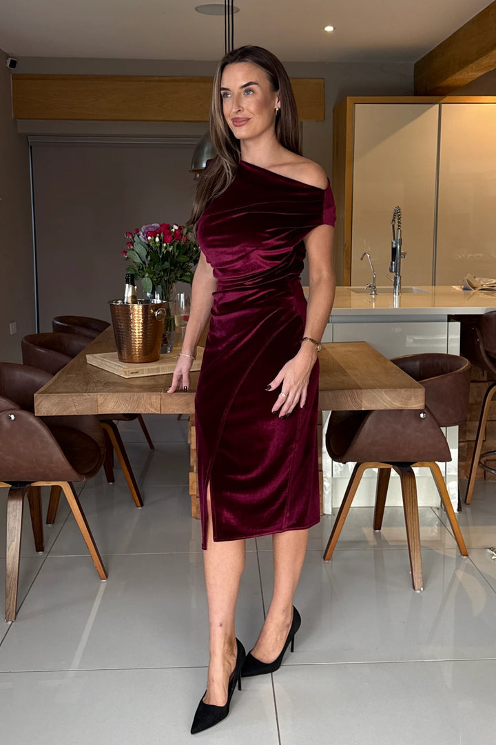 Ariana Berry Velvet Asymmetric Neckline Bodycon Midi Dress (PRE-ORDER TO SHIP EARLY DEC)