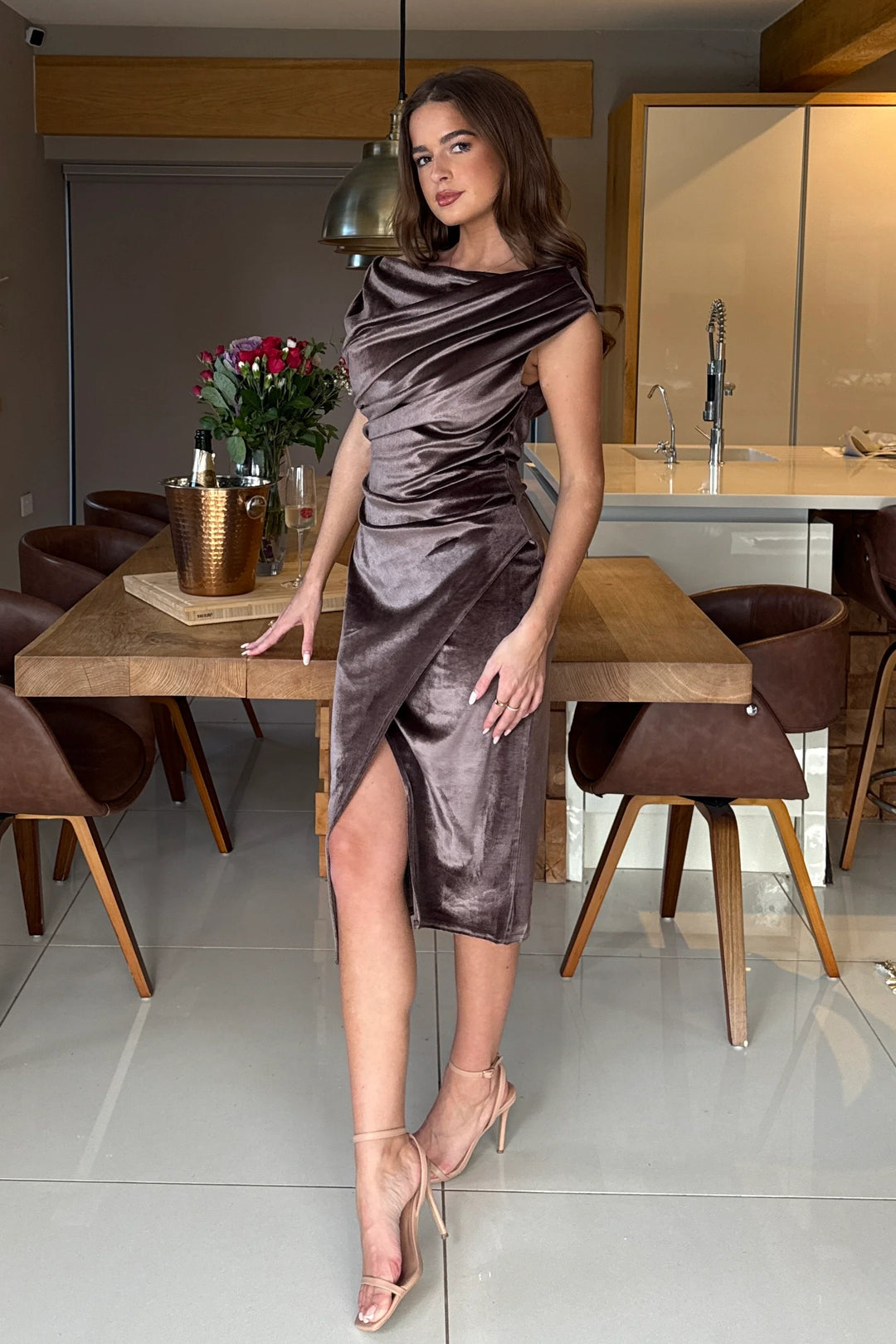 Ariana Chocolate Velvet Asymmetric Neckline Bodycon Midi Dress (PRE-ORDER TO SHIP EARLY DEC)