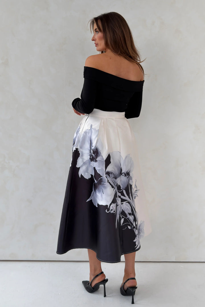 Kathy Black & White floral Print Bardot 2in1 Midi Dress