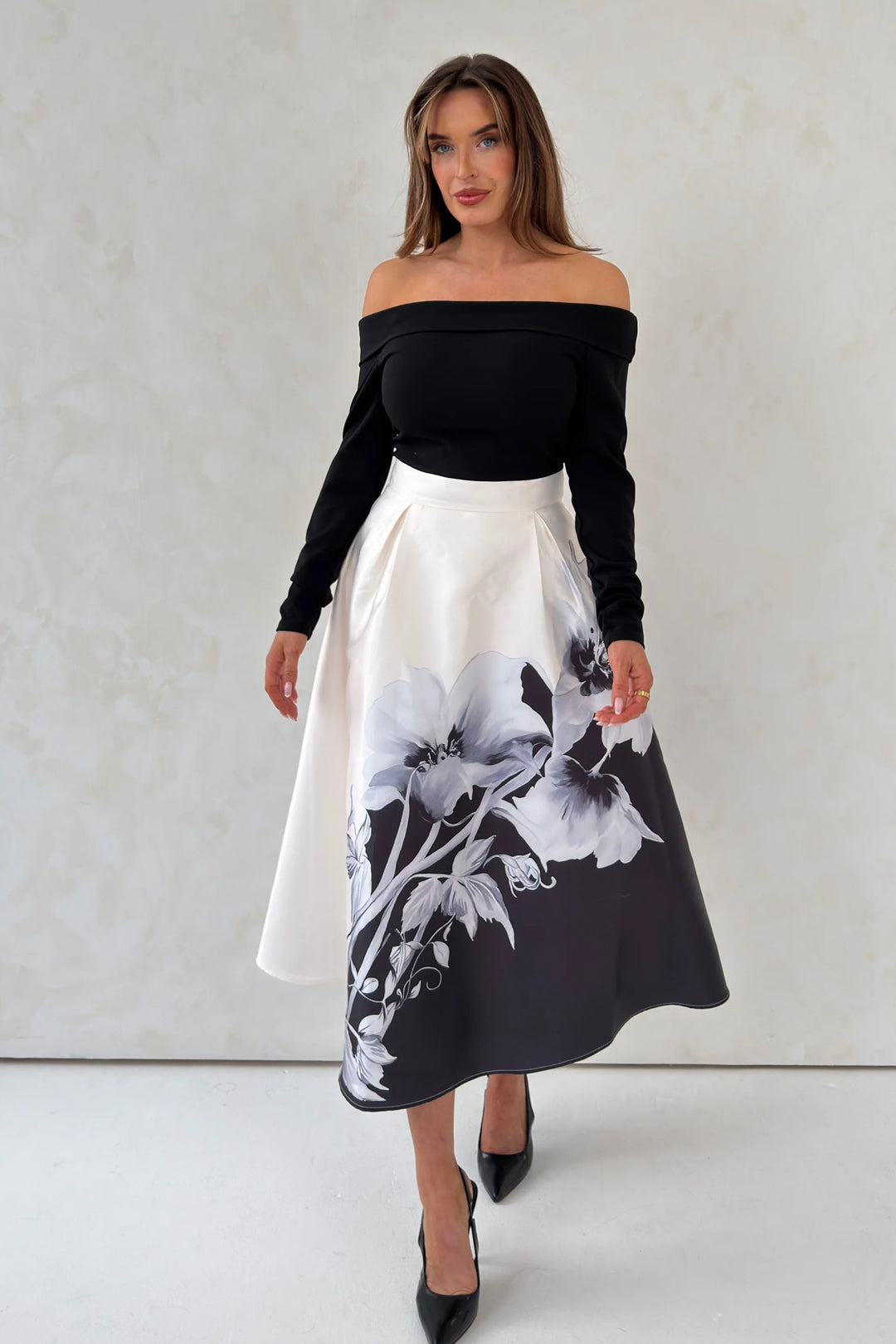 Kathy Black & White floral Print Bardot 2in1 Midi Dress