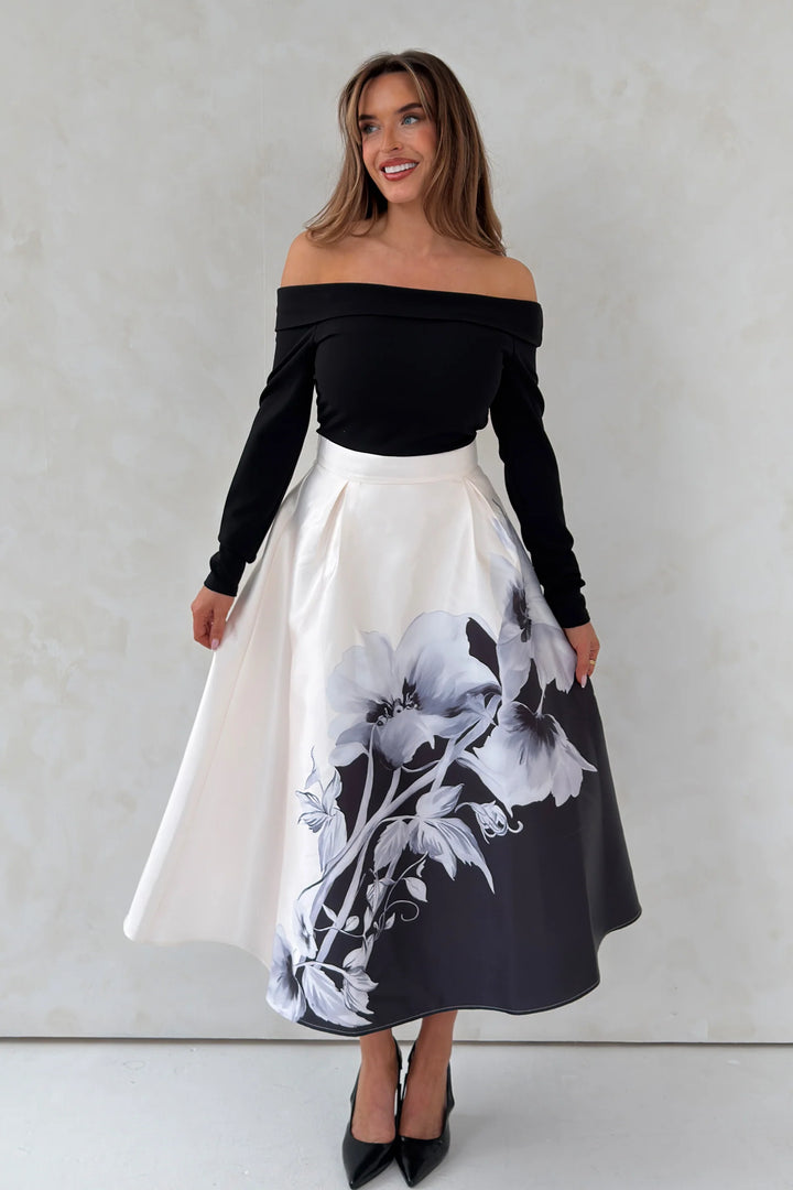 Kathy Black & White floral Print Bardot 2in1 Midi Dress