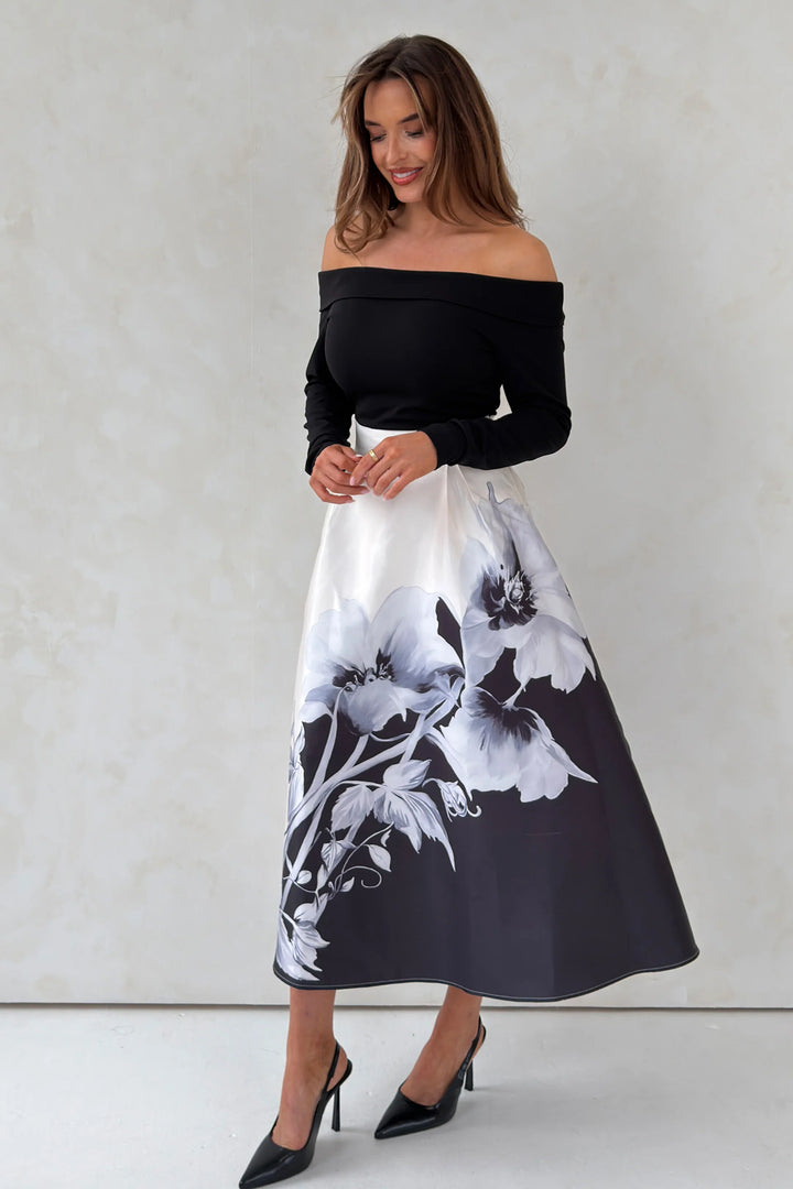 Kathy Black & White floral Print Bardot 2in1 Midi Dress
