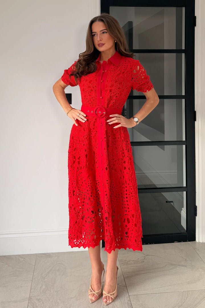 Meadow Red Lace Short Sleeve Belted Midi Dress