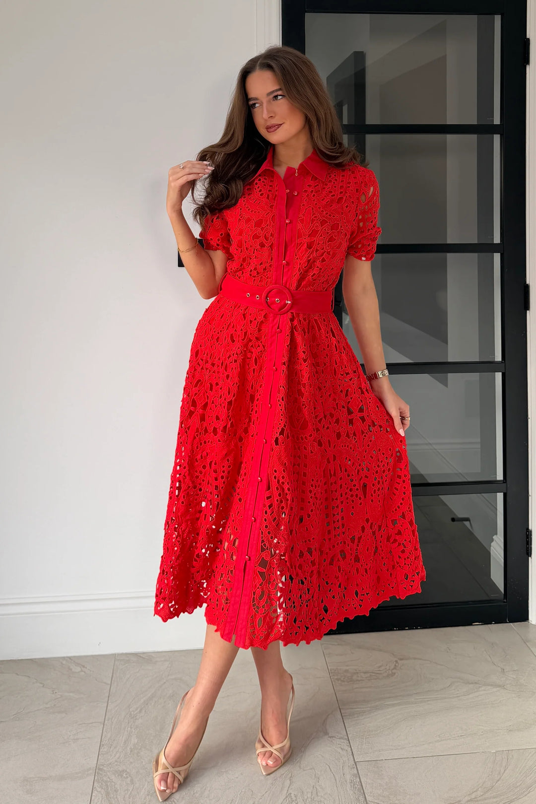 Meadow Red Lace Short Sleeve Belted Midi Dress | LittleMadam Meadow Red Lace Short Sleeve Belted Midi Dress | LittleMadam