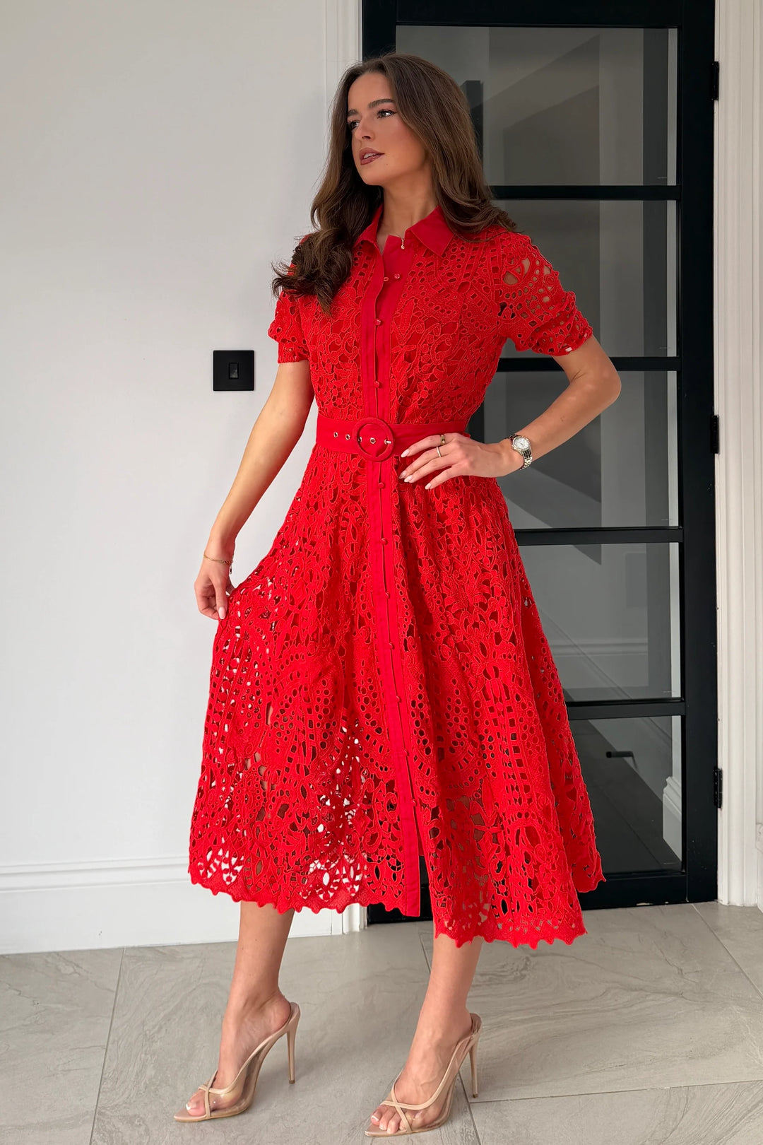 Meadow Red Lace Short Sleeve Belted Midi Dress