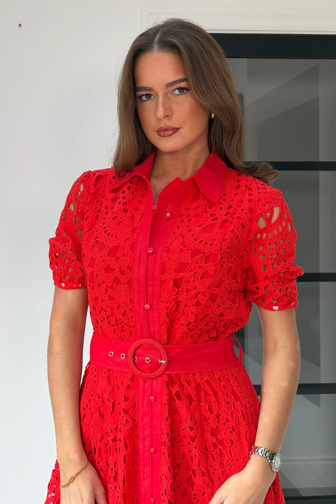Meadow Red Lace Short Sleeve Belted Midi Dress