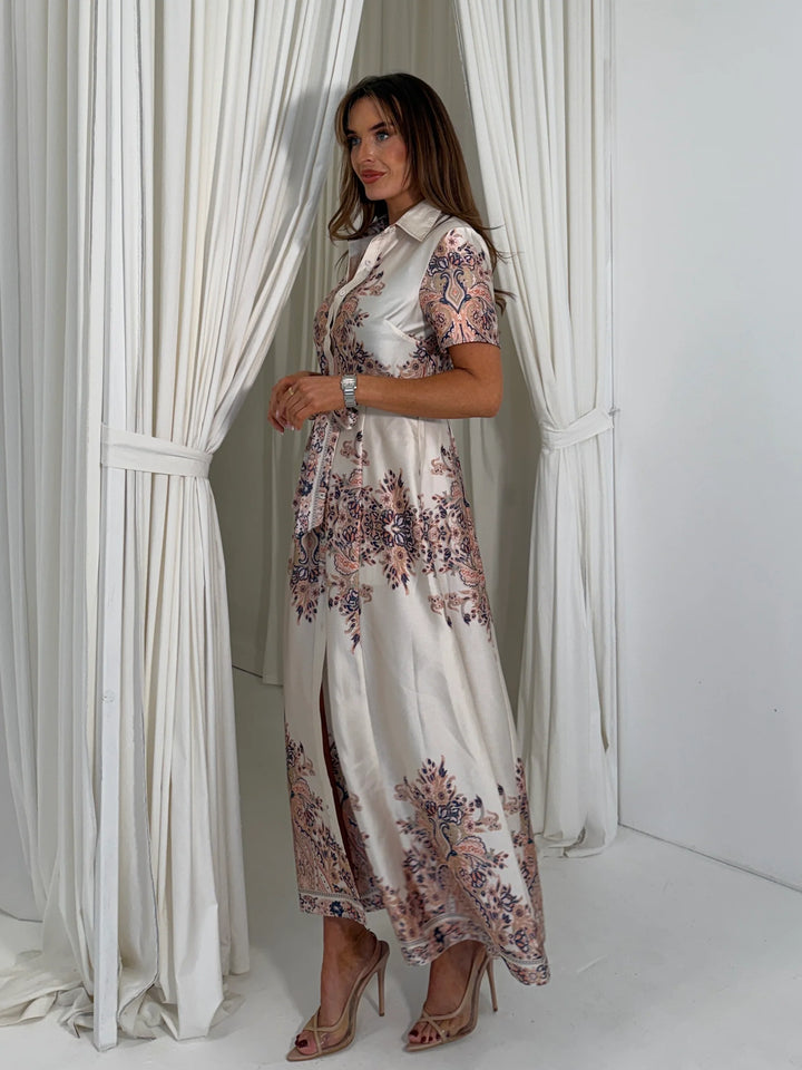 Aurora Ivory Paisley Print Belted Maxi Shirt Dress