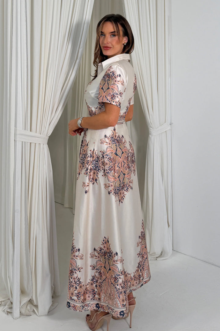 Aurora Ivory Paisley Print Belted Maxi Shirt Dress