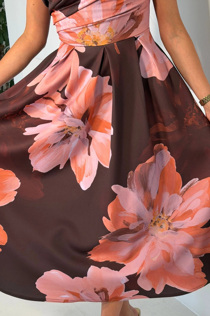 Betty Brown & Pink Floral Asymmetric Neckline Skater Maxi Dress With Pockets