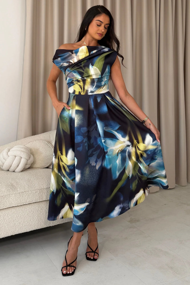 Betty Sapphire Floral Asymmetric Neckline Skater Maxi Dress With Pockets