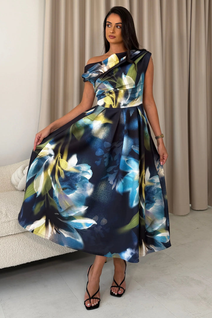 Betty Sapphire Floral Asymmetric Neckline Skater Maxi Dress With Pockets