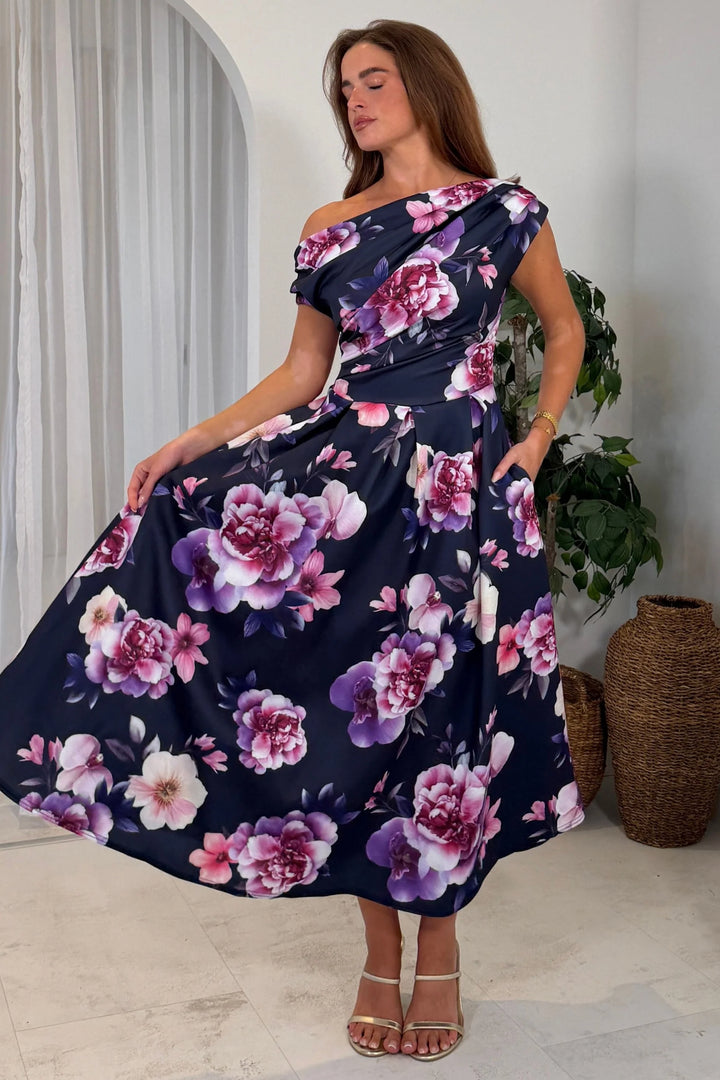 Betty Navy Floral Asymmetric Neckline Skater Maxi Dress With Pockets