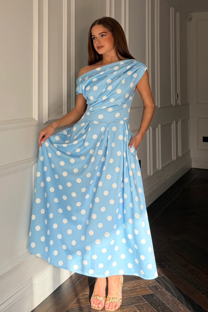 Betty Blue Polka Dot Asymmetric Neckline Skater Midi Dress With Pockets