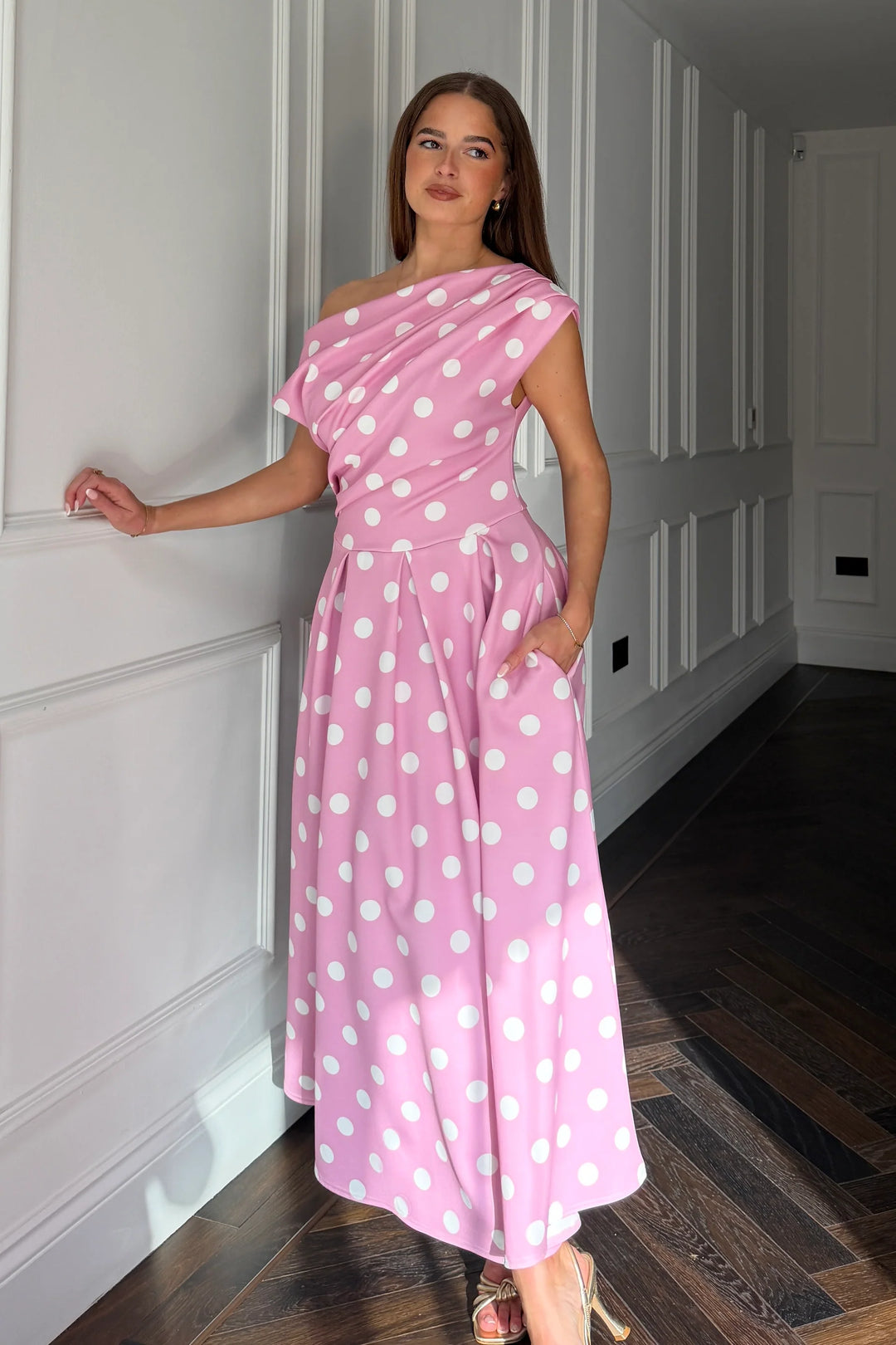 Betty Pink Polka Dot Asymmetric Neckline Skater Midi Dress With Pockets