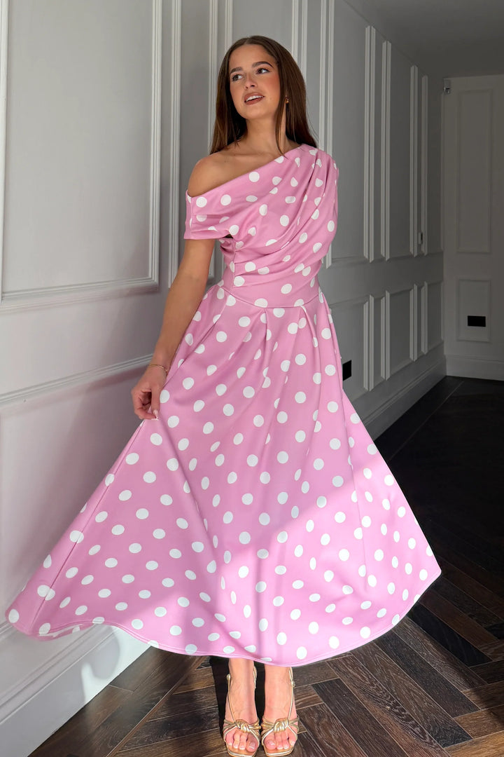 Betty Pink Polka Dot Asymmetric Neckline Skater Midi Dress With Pockets