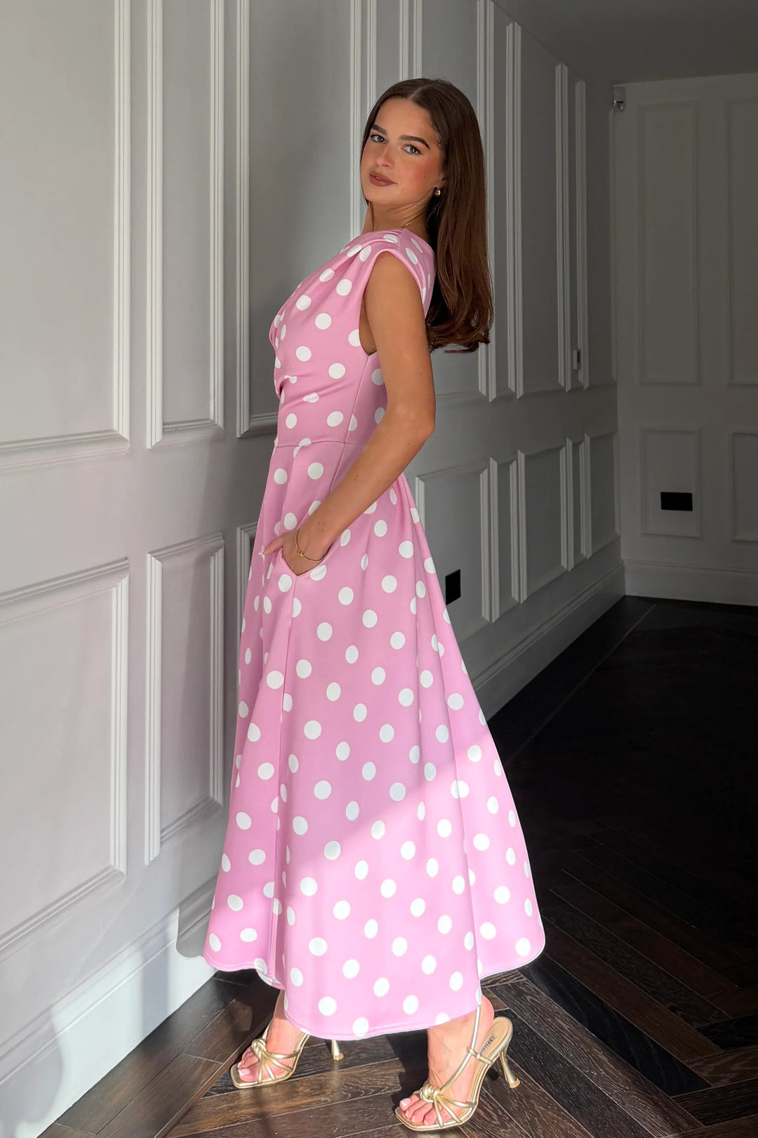 Betty Pink Polka Dot Asymmetric Neckline Skater Midi Dress With Pockets